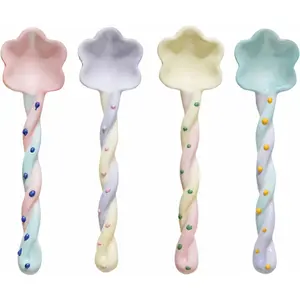 4 Pcs Colorful Japanese Cute Small Ceramic Long Handled Soup Spoons Set for Cereal Dessert
