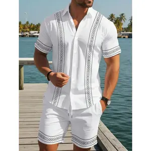 Men's 2-Piece Tropical Guayabera-Style Hawaiian Clothing Set, Soft Skin-Friendly Fabric, Short-Sleeve Collared Blouse, Drawstring Shorts, Multi-Color Print, Beach Vacation & Casual Wear, Shortsleeve