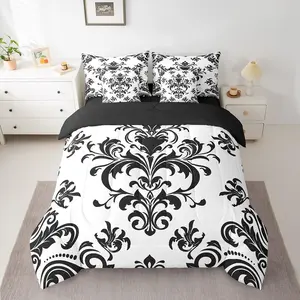 Feelyou 7-Piece Ultra-Soft Baroque Damask Print Bedding Set - Black White Gothic Boho Abstract Geometric Floral Comforter Bed-in-a-Bag with Sheets, Multi-Size Options, Seven Pieces