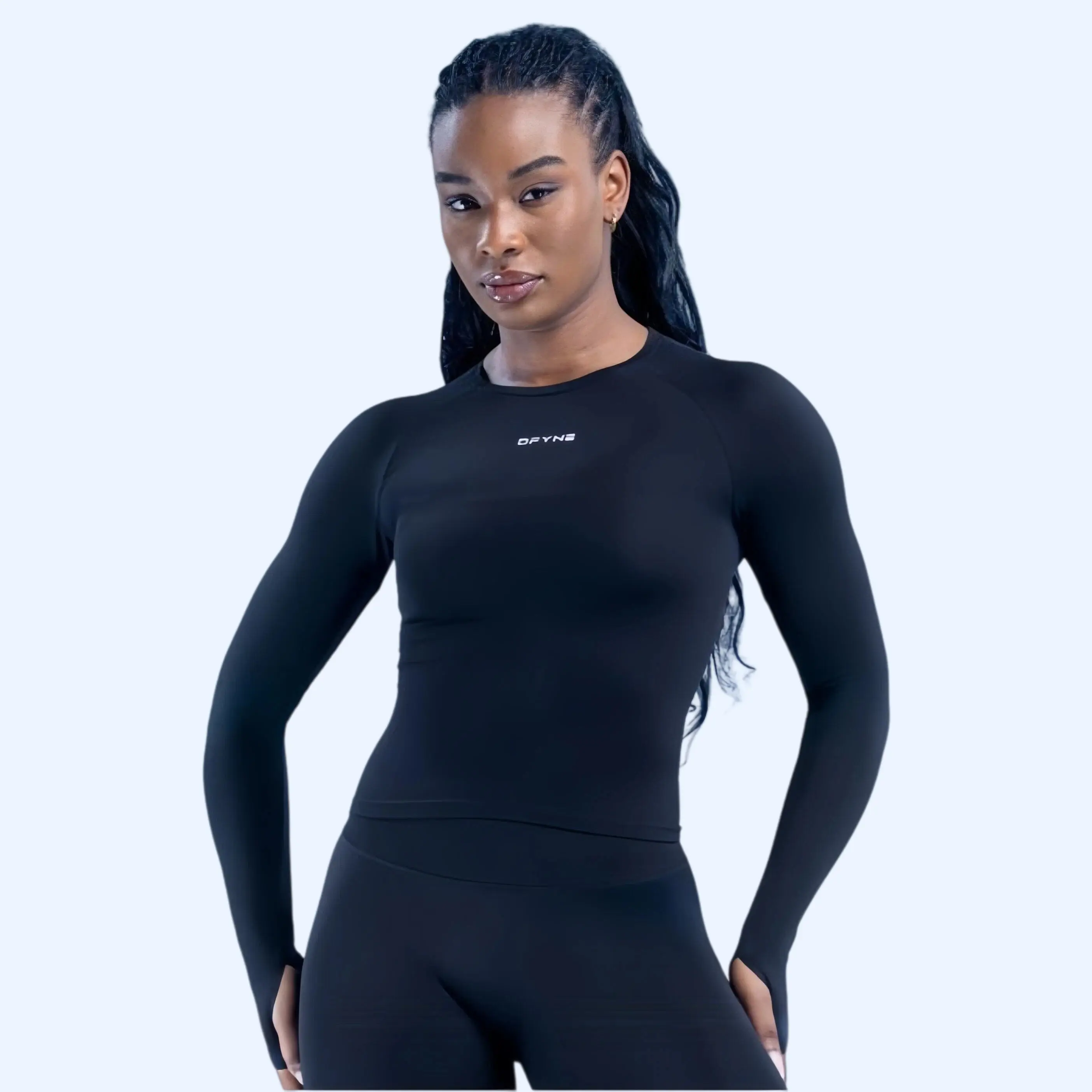DFYNE Seamless Thumbhole Long-Sleeve Top for Women — Tight, Highly Stretchy, Moisture-Wicking Yoga/Workout/Gym Shirt