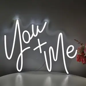 1pc You+ Me LED Neon Sign Light, 10.24inch*10.63inch Plastic Wall-Mounted Decorative Light with Switch Control, USB Powered, Single White Light for Wedding, Engagement, Home, Bar, Club, Salon, Restaurant Decor
