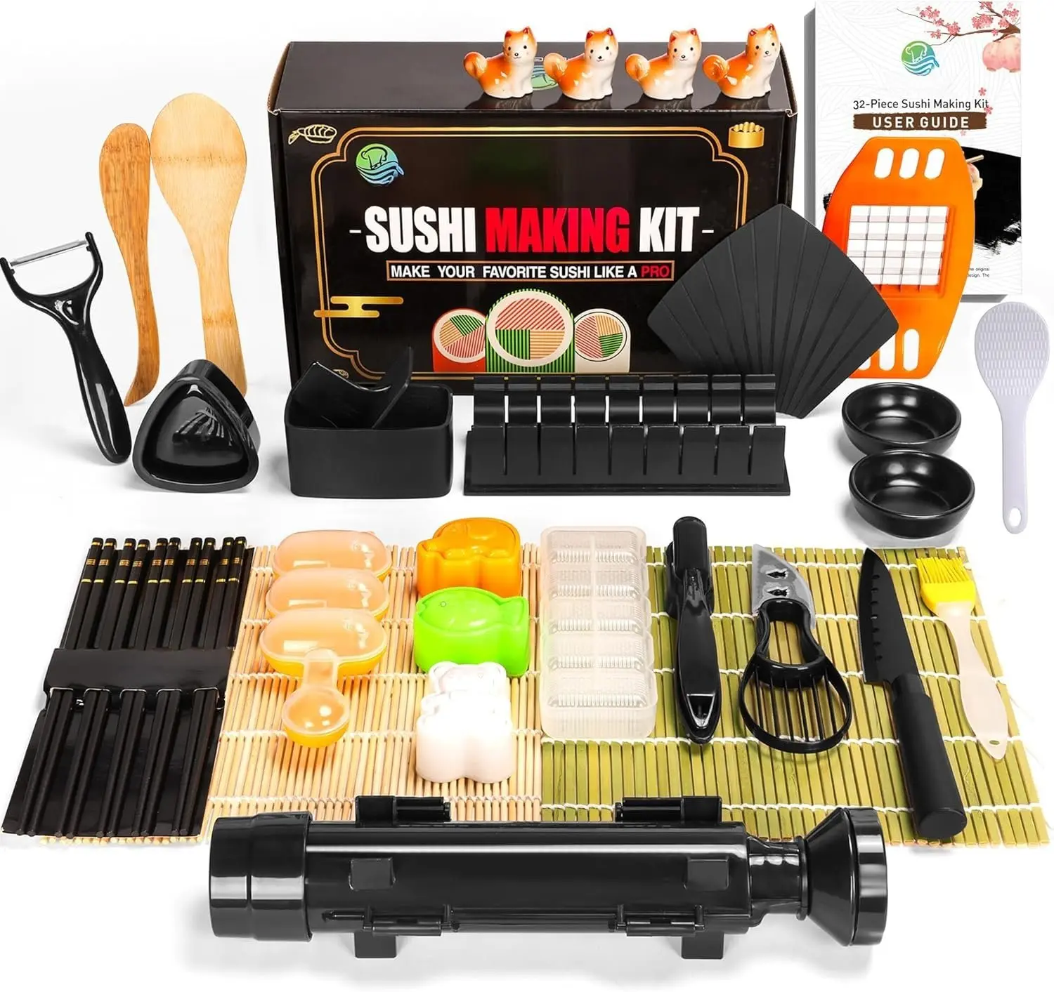 Sushi Making Kit, 32-in-1 Complete Set with Bazooka Roller, Nigiri & Musubi Presses,  Mats, , Peeler,  Rice Molds, Chopsticks & More   for Family Fun