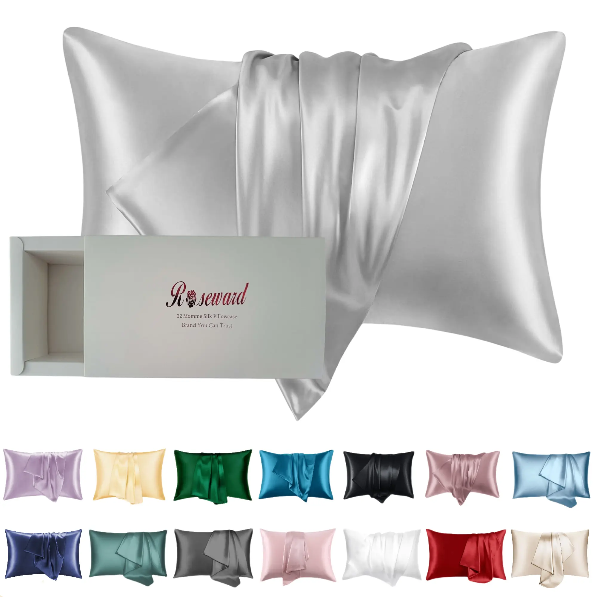 ROSEWARD Grey Silk Pillowcase for Acne Prone Skin Sleeping Women 1 Pc 20"x26" Hypoallergenic Silk with Zipper Natural Mulberry Silk Cooling