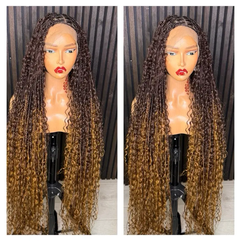 Omber Two Tone Boho Knotless Braided Wig Full Lace with Natural Curls and Rich Color Gradient Synthetic Kinky Edge
