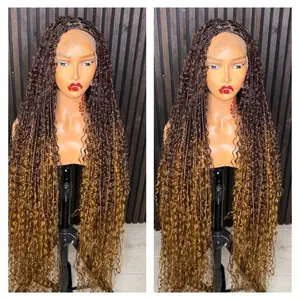 Omber Two Tone Boho Knotless Braided Wig Full Lace with Natural Curls and Rich Color Gradient Synthetic Kinky Edge