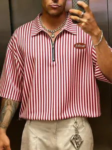 Unisex Casual Fashion Striped Print Vintage Short Sleeve Polo Neck T-Shirt, Men's Stylish Summer Top, Comfortable and Trendy