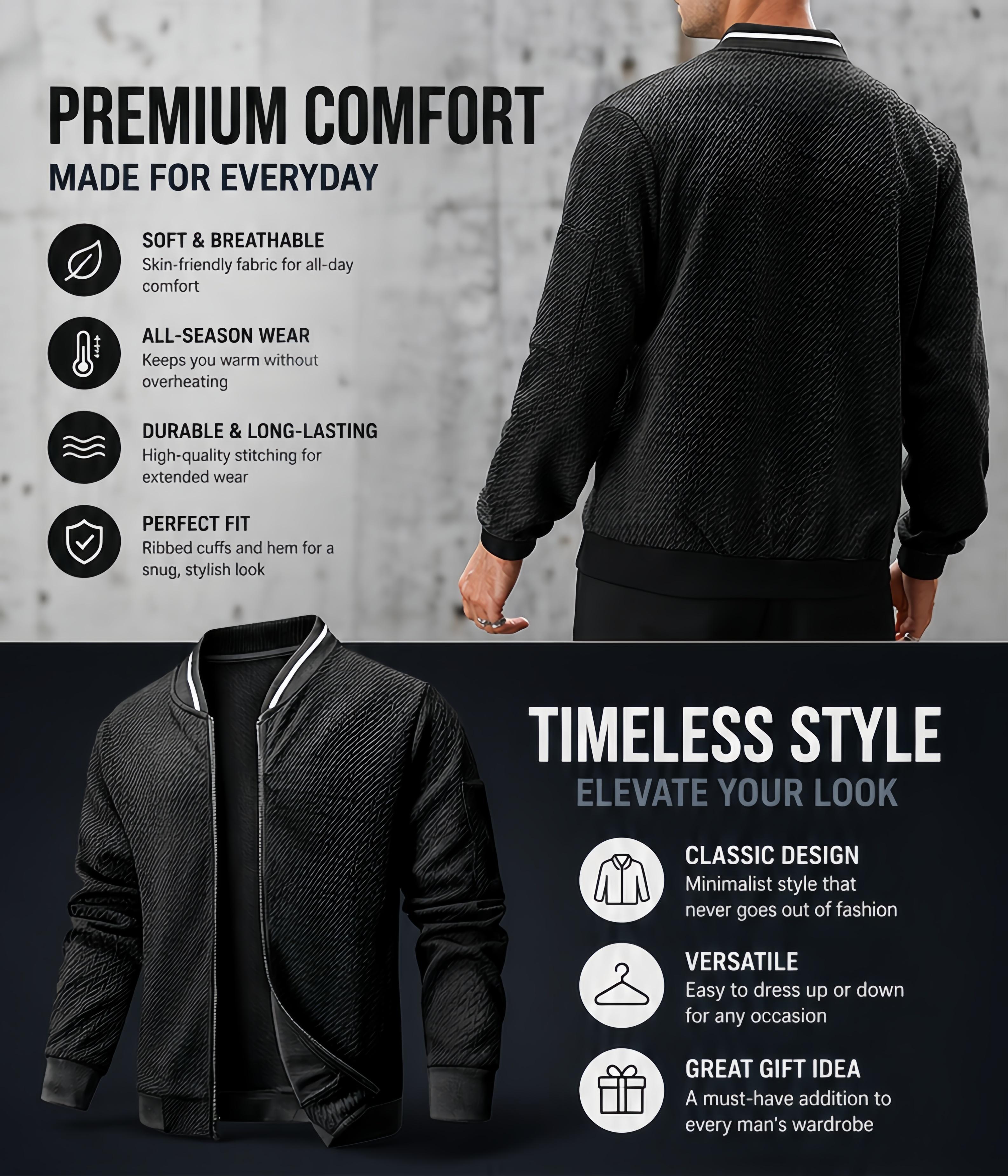Grandclad Mens Loose Fit Lightweight Jacket Casual Stylish bomber Jacket Long Sleeve Black
