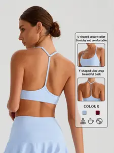 Women's Yoga Sports Top with Thin Straps and Round Neck, V-Neck Backless Design, Detachable Pads, Comfortable Fit for All Seasons