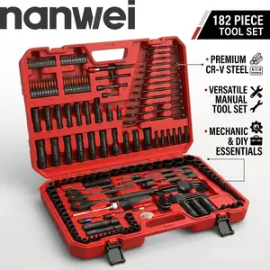 182PCS Cr-V Steel Mechanic Socket Wrench Set with Tool Box, SAE & Metric Deep/Shallow Sockets, Ratchet, Extension Bar, Screwdriver Bits for Auto Repair Hand Tools