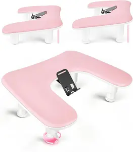 Pink U-Shaped Manicure Arm Rest for Nails Tech with Rotating 360°Built-In Phone Holder and Adjustable Nail Arm Rest Detachable Manicure Hand Rest for Salon Design