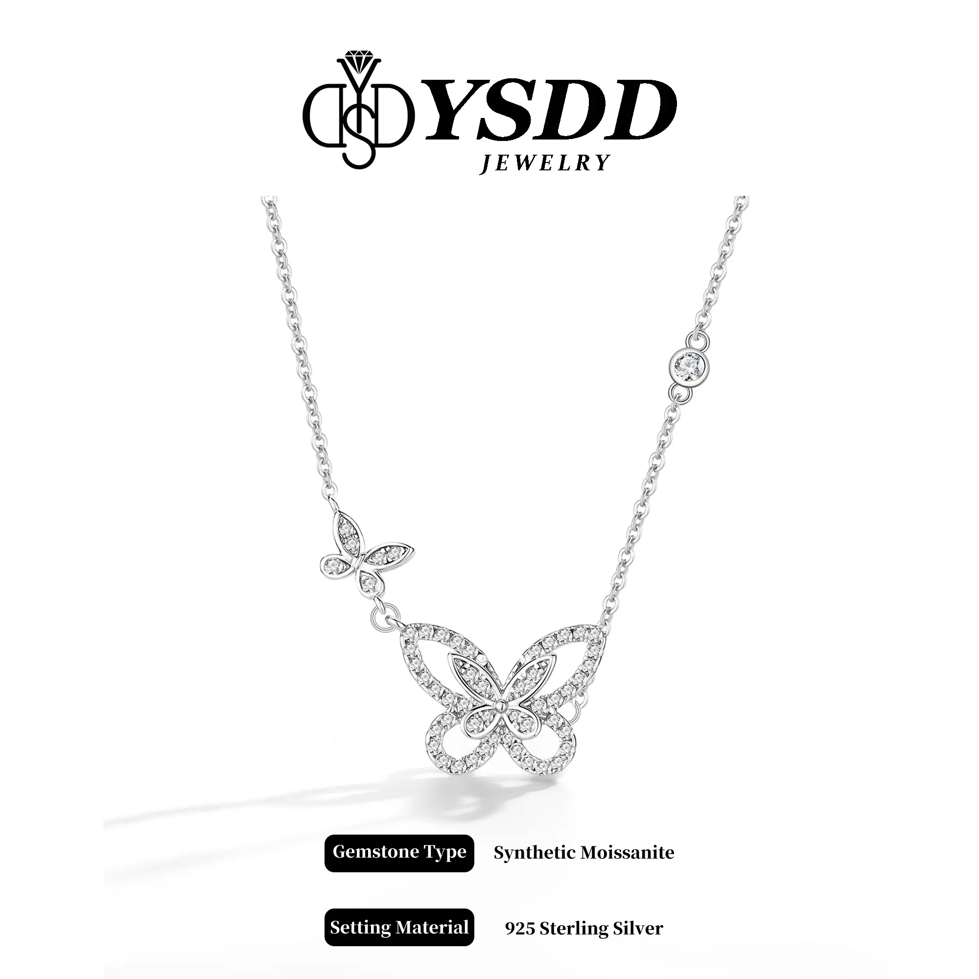 【5.23 Livestream-17】Ethereal Double Butterfly Silhoutte Necklace vvs Synthetic Moissanite in 925 Sterling Silver
