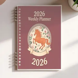 2026 Weekly Planner, A5 Size Lined Notebook, Festive Red Horse Zodiac Design, Deep Red Background with Gold Text & Floral Decor, Ideal for Office Planning, High - Quality Paper, Traditional Style for Daily Scheduling