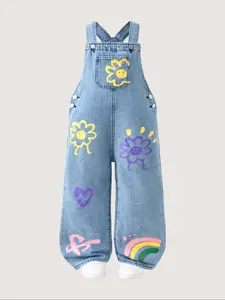 Teenage Girls' Fashionable Graffiti Print Denim Overalls, Loose Fit Casual Jeans for All Seasons, Stylish and Versatile