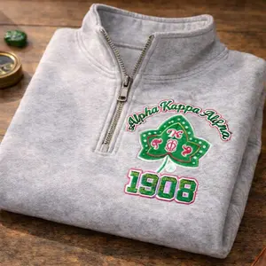 Vintage Alpha Kappa Alpha Embroidered Quater Zip, Vintage AKA 1908 Pink and Green Ivy Leaf Crewneck, Greek Life Apparel, Mother's Day Gift