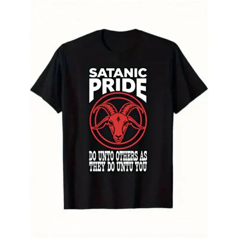 Unisex Men's Graphic T-Shirt - Baphomet Goat Head-Inverted Pentagram Print, Occult Symbol Streetwear, Stretch Cotton-Like Fabric, Short Sleeve Round Neck Casual Top for Gothic Fans Menswear Shortsleeve