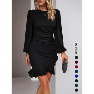 Women's Plain Ruched Ruffle Trim Zipper Bodycon Dress, Elegant Bishop Sleeve  Short Dress for Party Holiday Wedding Guest, Ladies Fall & Winter Clothes