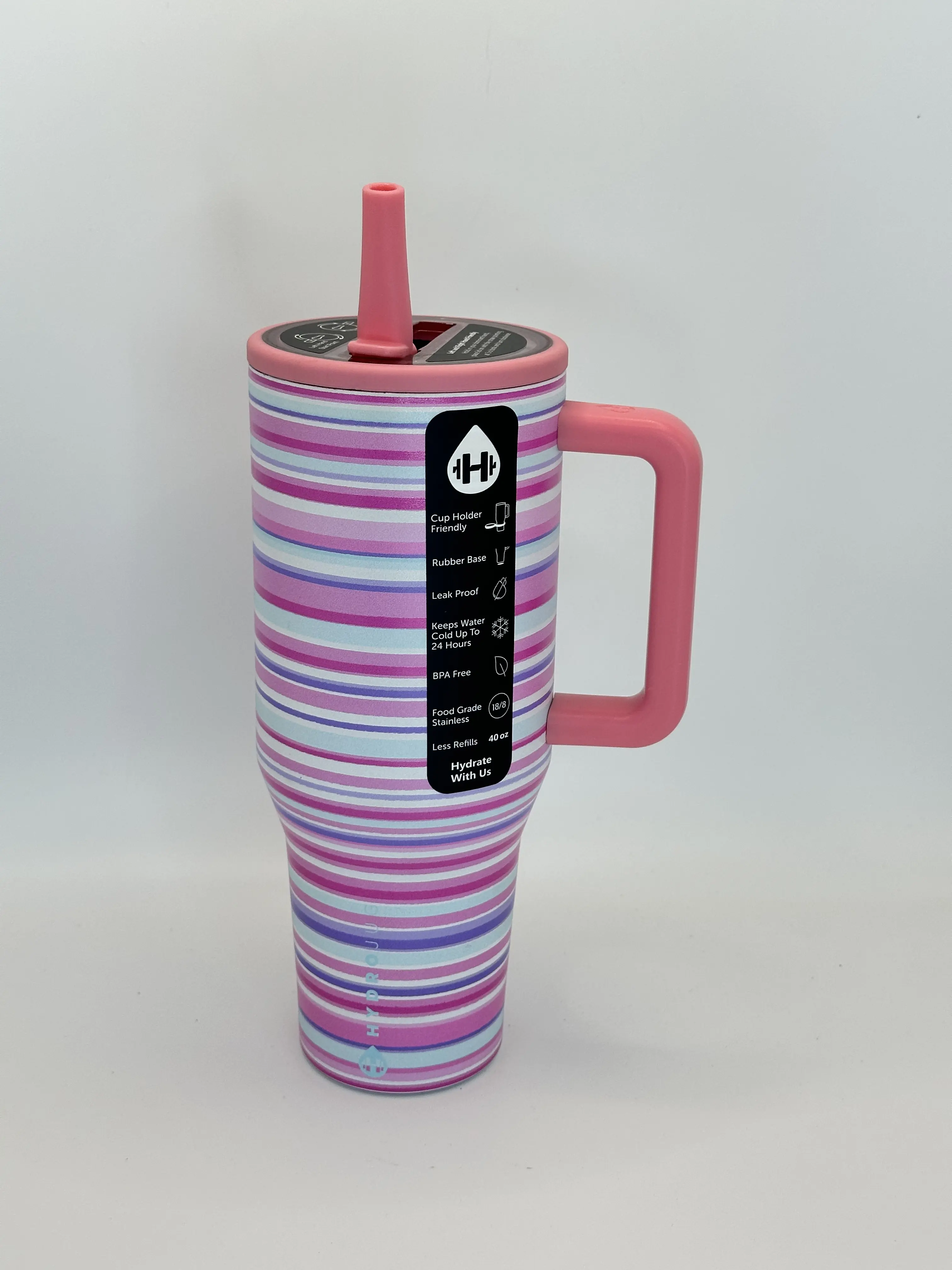 HydroJug 40oz Insulated Tumbler with Handle & Straw, Pastel Pink Purple Striped Stainless Steel Water Cup, Leakproof Travel Mug, BPA Free Large Water Bottle for Gym Office Road Trip