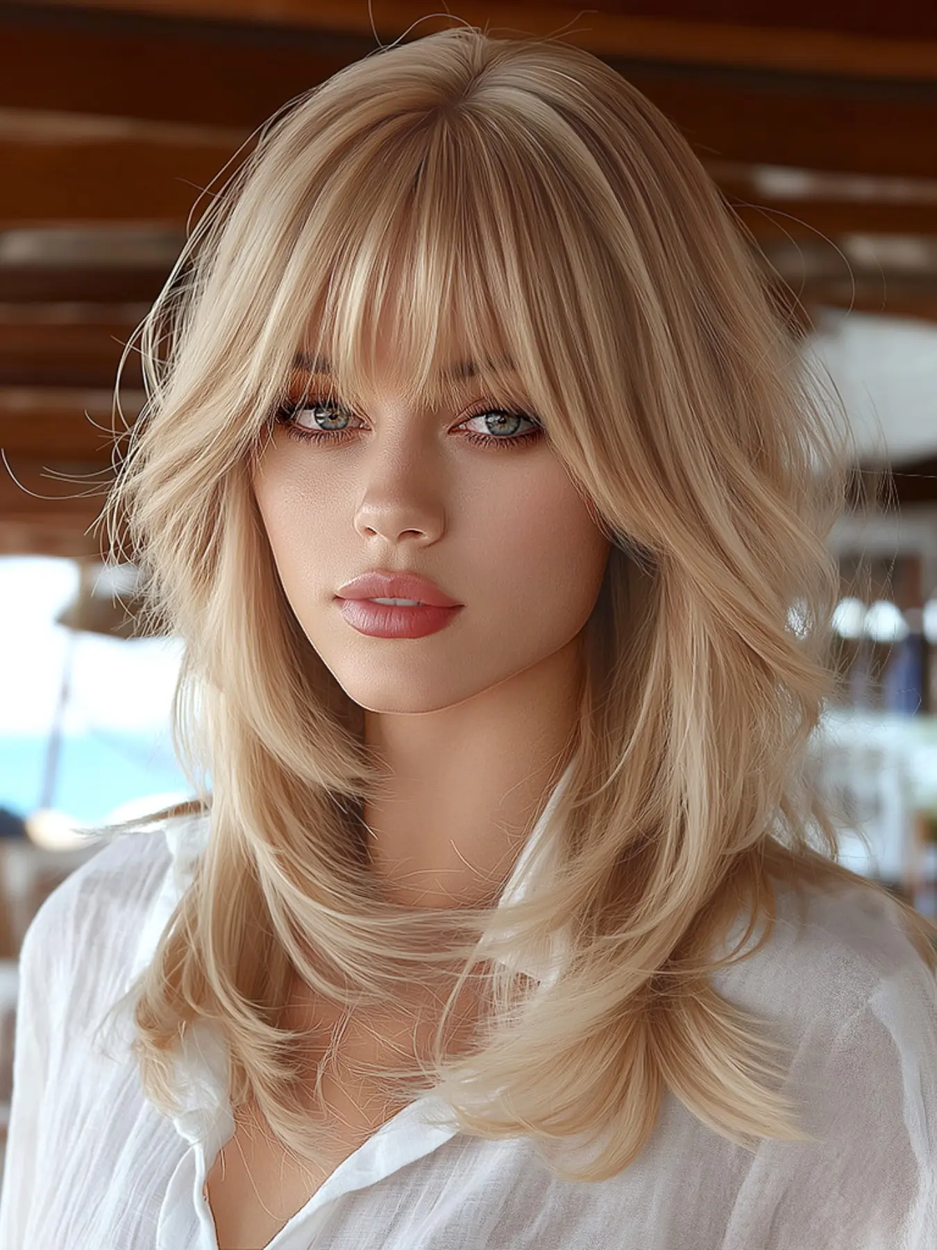18 Inch Bangs Medium Long Curly Puffy Wig, Synthetic Heat Resistant Fiber, Suitable for Women Daily, Party, Festival, Travel, Music Festivals, Fluffy Synthetic Wigs, Synthetic Hair Wigs