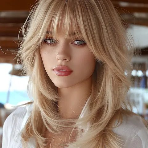 18 Inch Bangs Medium Long Curly Puffy Wig, Synthetic Heat Resistant Fiber, Suitable for Women Daily, Party, Festival, Travel, Music Festivals, Fluffy Synthetic Wigs, Synthetic Material Wig, Synthetic Hair Wigs