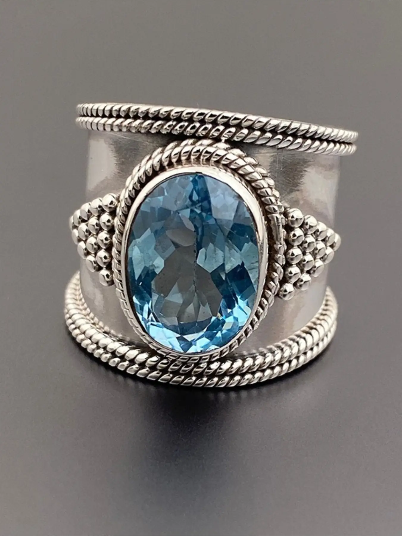Boho Blue Topaz Sterling Silver Ring, Vintage Oval Cut Gemstone Wide Band Statement Ring, Handmade Ethnic Retro Jewelry for Women Gift, Vintage Rings, Beautiful Rings