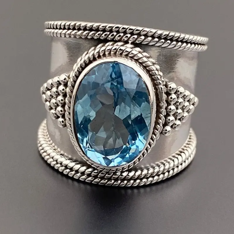 Boho Blue Topaz Sterling Silver Ring, Vintage Oval Cut Gemstone Wide Band Statement Ring, Handmade Ethnic Retro Jewelry for Women Gift, Vintage Rings, Beautiful Rings