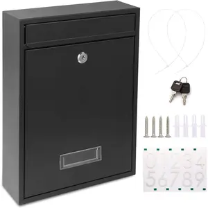 Mailboxes for Outside, Wall Mount Locking Mailbox,  Mailbox with Lock Key and Three Sets 0-9 Mail Box Numbers, Large Capacity Steel Cover Metal Postbox for Outdoor, 13.8X 10.8X 3.25 Inch Black