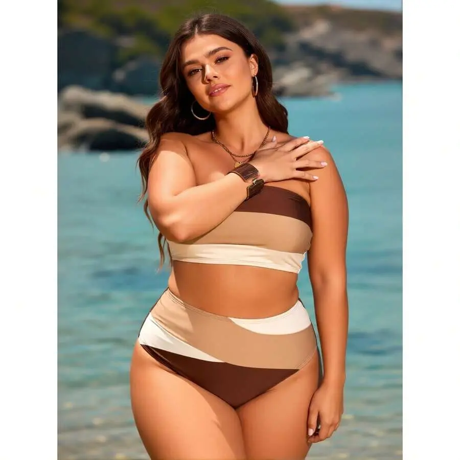 Women's Plus Size Bandeau Bikini Set - Color Block, High Waisted, Adjustable Straps, Removable Padded Cups, Body-Shaping Curve Figure-Flattering Multi-Size Swimwear, Bandeau Bikinis Set, Body-Shaping Bikinis Set