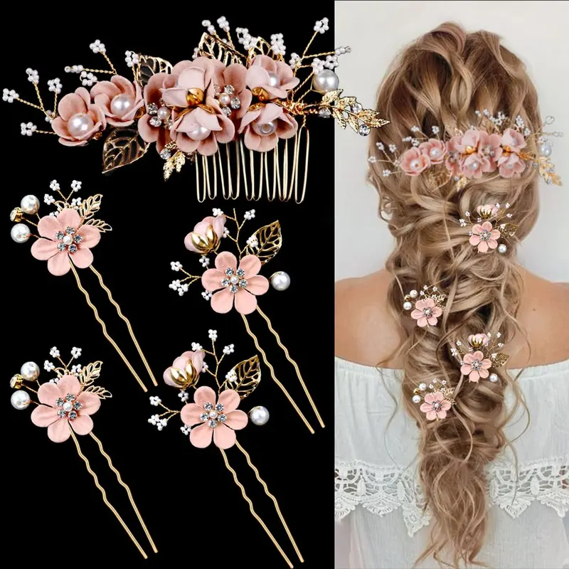 5 Pieces Bridal Flower Wedding Hair Pins Crystal Pearl Hair Combs Clips Headpiece Gold Wedding Hair Accessories Jewelry with Rhinestone for Brides Bridesmaids Women Girls Updo