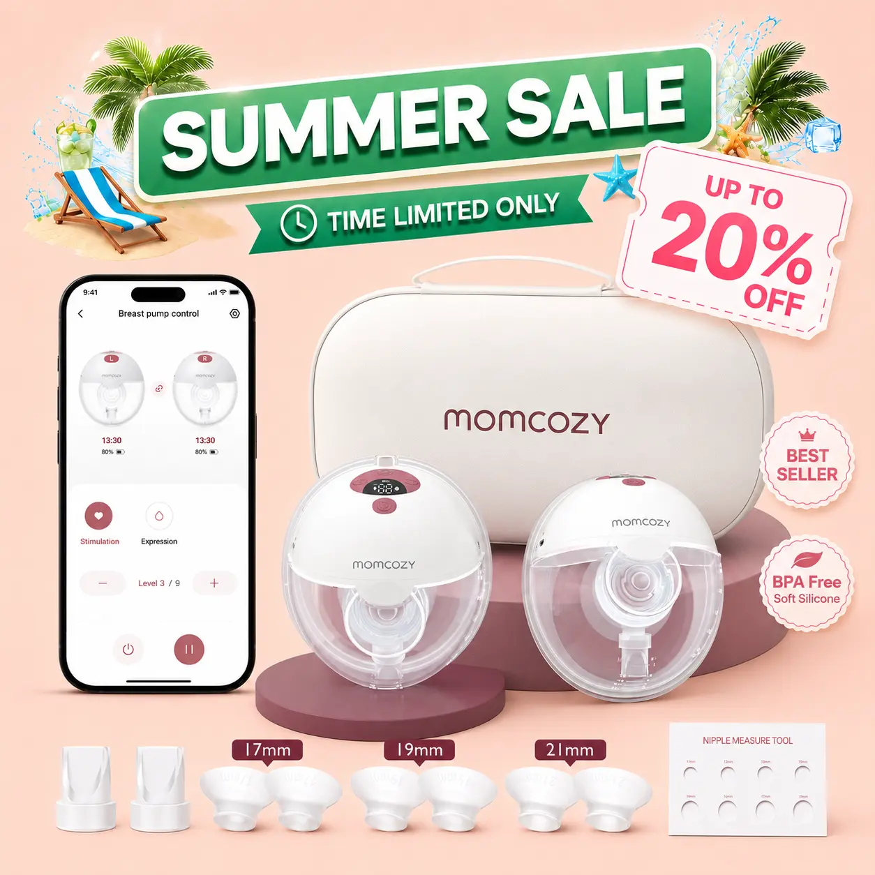 Momcozy  Breast Pump Hands Free M5 Smart APP & Non-APP Version, Wearable Breast Pump of Baby Mouth Double-Sealed Flange with 3 Modes & 9 Levels, Electric Breast Pump Portable - 24mm,A