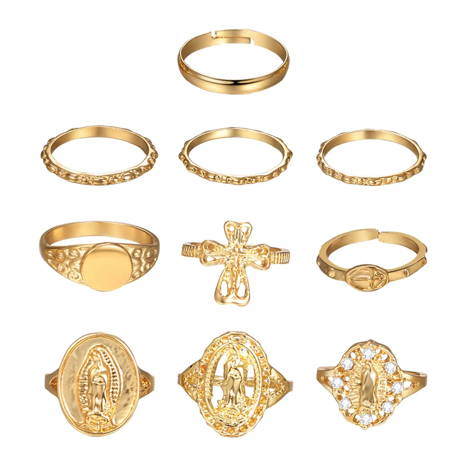 OIDEA 10Pcs Women's Vintage Gold Tone Stackable Knuckle Rings Set - Boho Y2K Rhinestone Midi Rings, Stackable Mix, Lightweight Pack for Boho Chic Outfit, Rhinestones, Floral Engraved