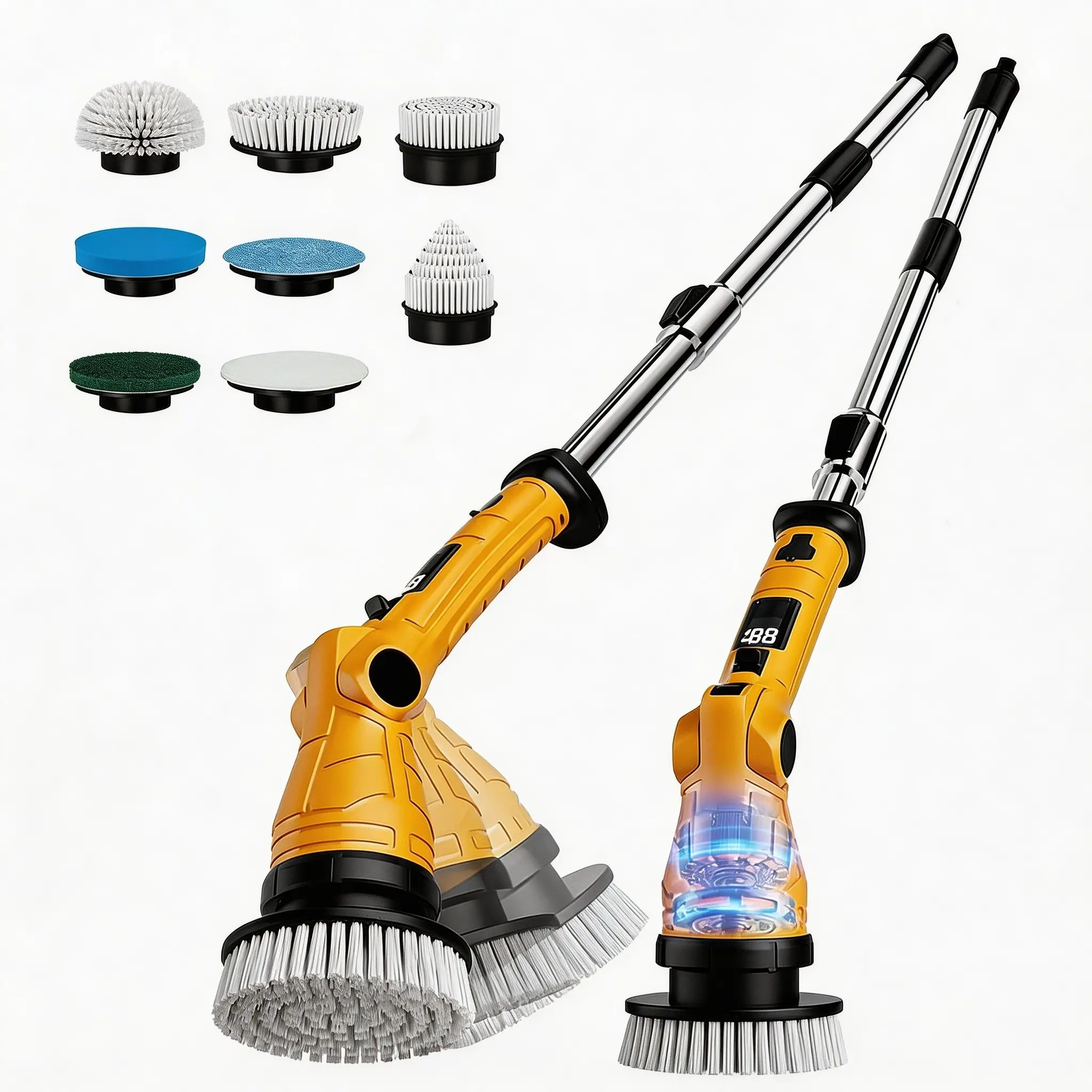 8-in-1 Electric Spin Scrubber with 8 Replaceable Brush Heads, Rechargeable Spin Scrubber, Cordless Power Scrubber, Cordless Handheld Scrubber, Cordless Shower Scrubber, Adjustable Extension Handle, 3 Speed Settings for Bathroom, Kitchen, Window Cleaning