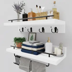 Pine Floating Shelves with Hooks,16'' White Farmhouse Bathroom Floating Shelves Over Toilet, Set of 2 Wood Wall Shelves with Removable Towel Bar, Hanging Shelf for Kitchen Living Room Bedroom.