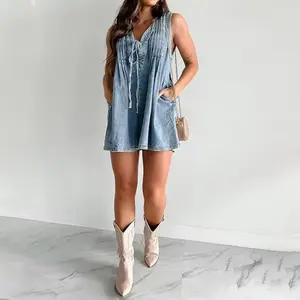 Womens Casual Sleeveless Tie Front Denim Romper Overall Shorts Summer Jean Romper With Pocket Cotton Fitted