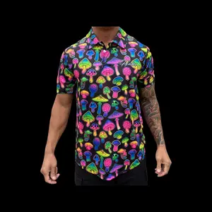 Psychedelic Glowing Fluorescent Mushrooms on Black Golf Shirt.
