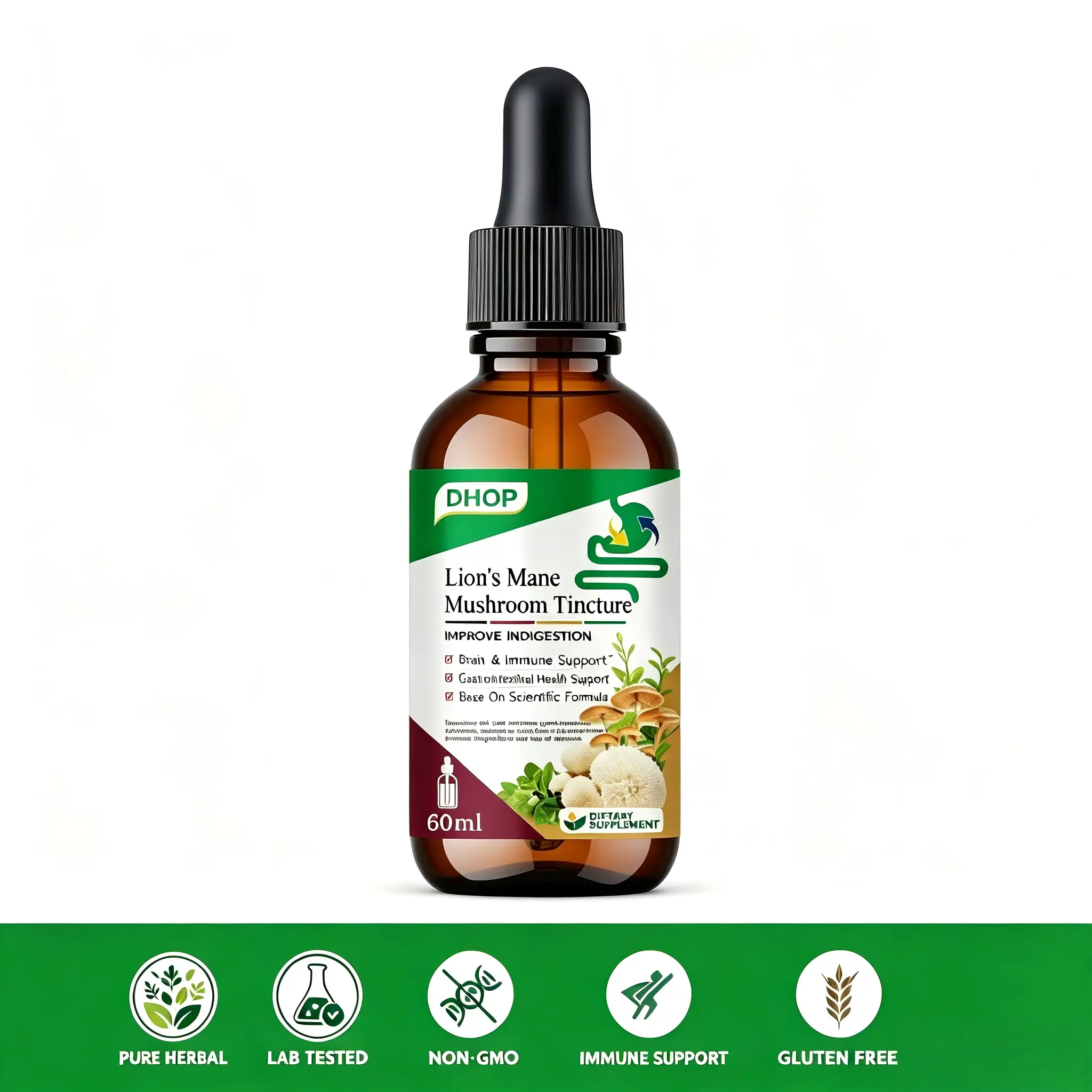 DHOP Lion's Mane Mushroom Tincture 60ml | Scientific Formula Natural Liquid Drops, Supports Healthy Digestion, Brain Function & Immune Health, Fast Absorb Herbal Gut Supplement