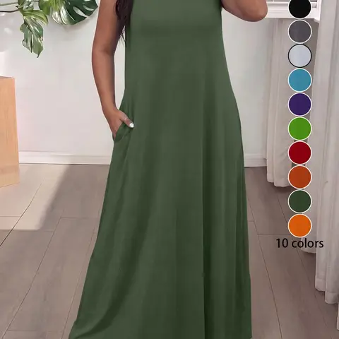 Elegant Sleeveless Round Neck Dress for Women, Pockets, Plain Pocket Dress, Available in 10 Colors, Perfect for Casual Wear & Vacation, Slimming Design, Loose, Summer