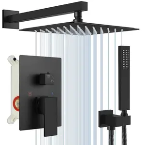 Black Concealed Shower System Rain Waterfall Bathroom Embedded Shower Faucet Set with Tub Spout	 	