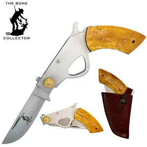6" Bone Collector Yellow Gun-Handle Folding Knife with Leather Sheath