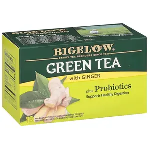 Bigelow Green Tea with Ginger Plus Probiotics Caffeinated Tea 18 Count Box 18 Tea Bags Gluten Free Non GMO USA Beverage Beverage Fiber