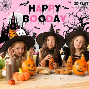 2d flat Halloween Birthday Backdrop - Pink Happy Boo Day Banner for Girls, Cute Ghost Boo Happy Birthday Cake Table Decorations, Cute Studio Backdrops