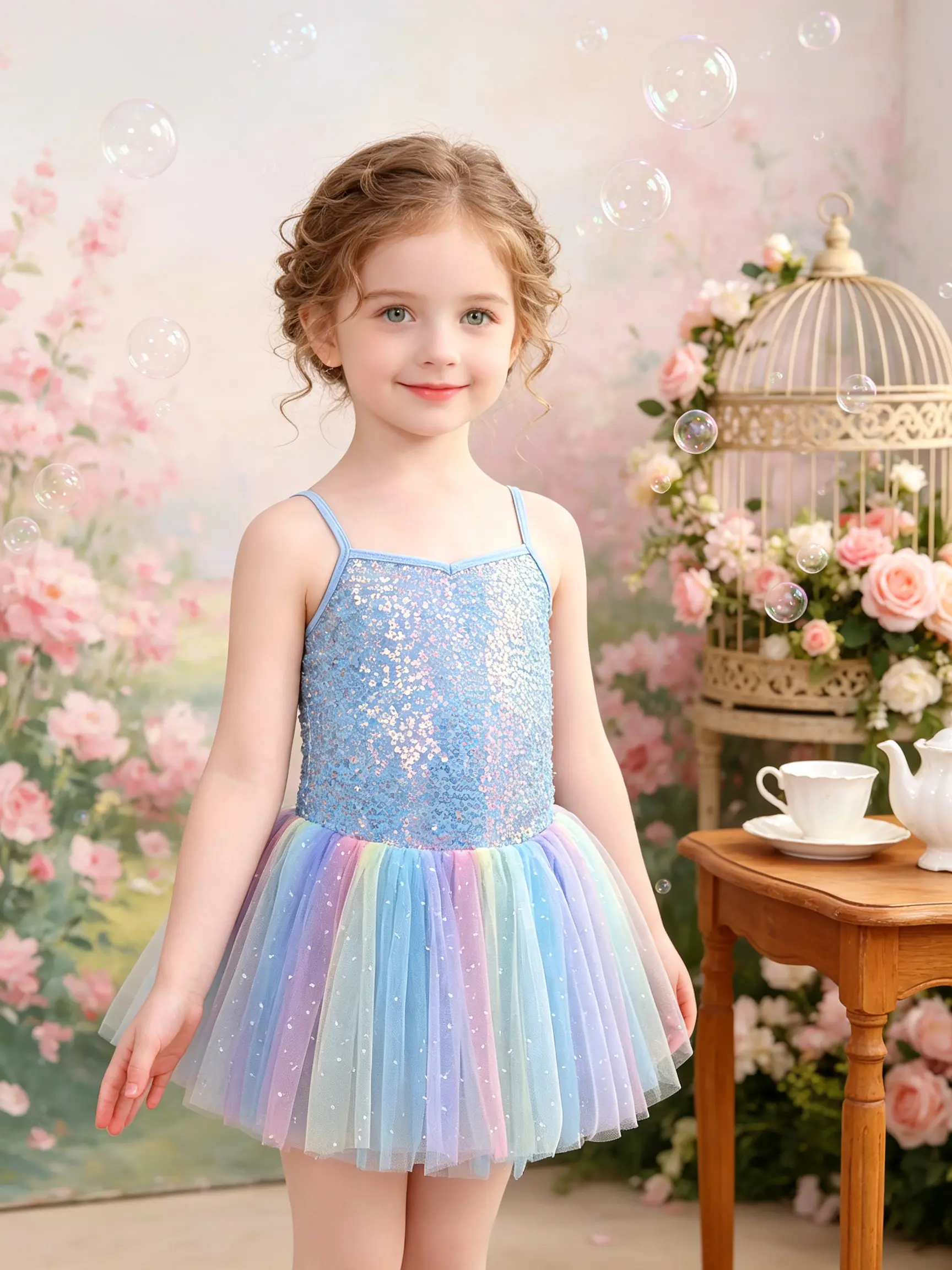 Blue Sequin Spaghetti Strap Rainbow Tulle Girls Dance Leotard Dress Sparkly Gymnastics Tutu Outfit For Toddler Kids Ballet Class Birthday Party Stage Performance Daily Training