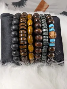Vintage Style Wooden Bead Bracelet Set - Boho Tribal Stackable Set of 6