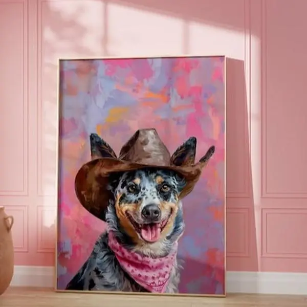 Blue Heeler Dog Cowgirl Hat Print, Dog Neutral Aesthetic Vintage Art, Puppy Funky Western Art Wall Art, Unique Gift for Men Dad Animal Lovers Decor Decoration