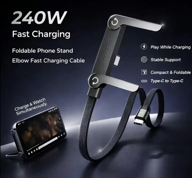 240W Super Fast Charging Folding Dual-Function Invisible Holder Charger Cable with Stand - 2-in-1 Self-Eject Single-Head USB-C Cord for Gaming, Office, Compatible with iPhone, Samsung, Electronic Smartphones automatic power-off phone