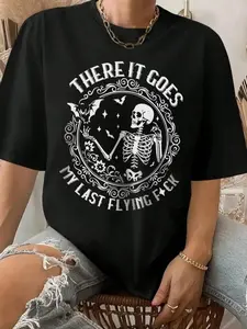 Women's There It Goes, My Last Flying Fck Slogan Print Round Neck Casual Tee, Women's Skull & Letter Print Round Neck Streetwear Tee, Summer Outfits 2024, Ladies Summer Outfit, Womenswear
