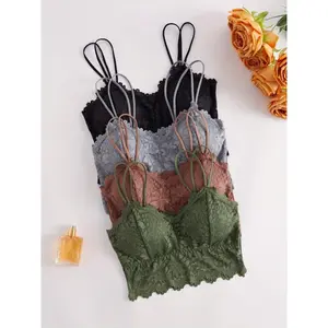 4pcs Women'S Sexy Lace Bralettes - Wireless, Removable Pads, Sunflower Pattern, Black/Khaki/Gray/Green, Soft & Comfortable