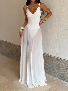 Women's V Neck Sleeveless Dress, Transparent Mesh A-Line Dress, Perfect for Vacation and Party Wear, Loose Fit, Plain Style