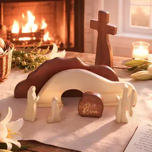 He is Risen Easter Decor – Wooden Resurrection Scene with Empty Tomb, Cross & Figurines, Christian Religious Tabletop Decoration for Home, Faith Easter Gift, Easter Basket Stuffer
