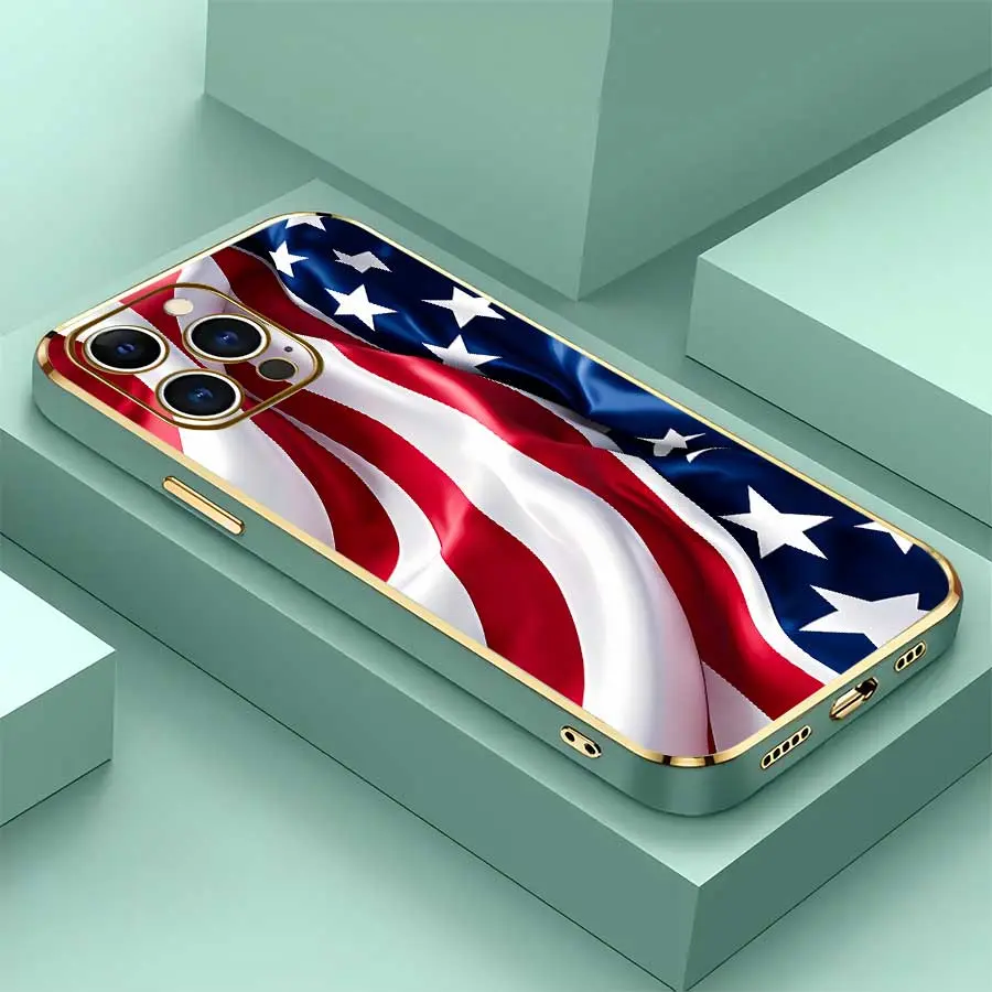 Shockproof iPhone Case - Mint Base, Silky Wrinkle American Flag Print, Electroplated Gold Rim, Trendy Protective Shell, Enhanced Protection Phone Accessories, Casing for iPhone 17 Pro Max,16,16 Plus,15,14,13,12, Ideal Birthday & Holiday Gift, Smartphone