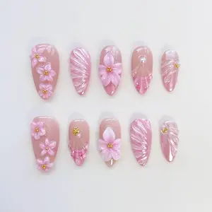 Summer Floral Bloom Pink Press On Nails Short Almond Nails/Chrome Nails/Floral Nails/Flower Nails/Spring Nails/Holiday Nails/Birthday Nails